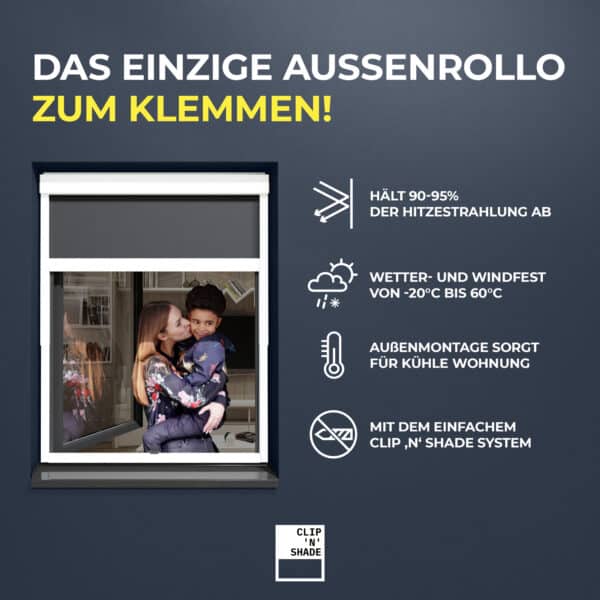 Extern rolgordijn voor klemmen: 90-95 % Bescherming tegen warmtestraling, weer- en windbestendig van -20°C tot 60°C, koel huis dankzij externe installatie