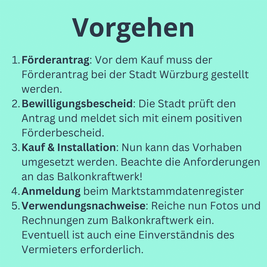 Procedure voor het verkrijgen van een subsidie van €200 voor een balkoncentrale van de stad Würzburg.
