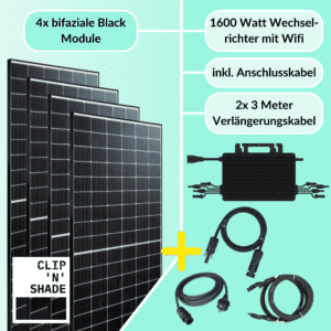 1600W balkon power station set, bestaande uit 1600W Hoymiles HMS-1600-4T omvormer en 4x 430Wp Full Black modules, inclusief aansluitkabel en 2x 3m verlengkabel.