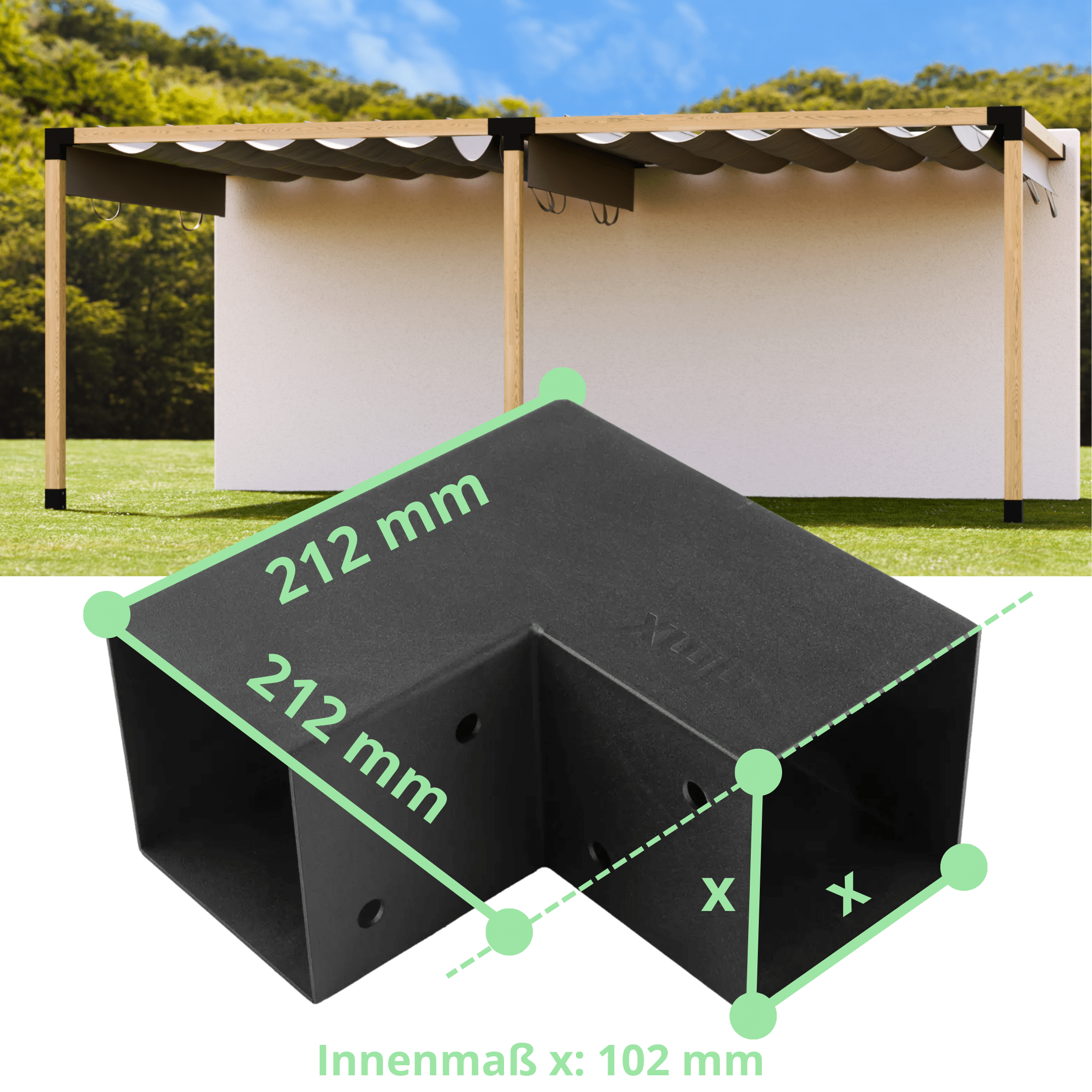 Afmetingen L-hoekverbinding Paalverbinding Balkverbinding DIY pergola met muuraansluiting