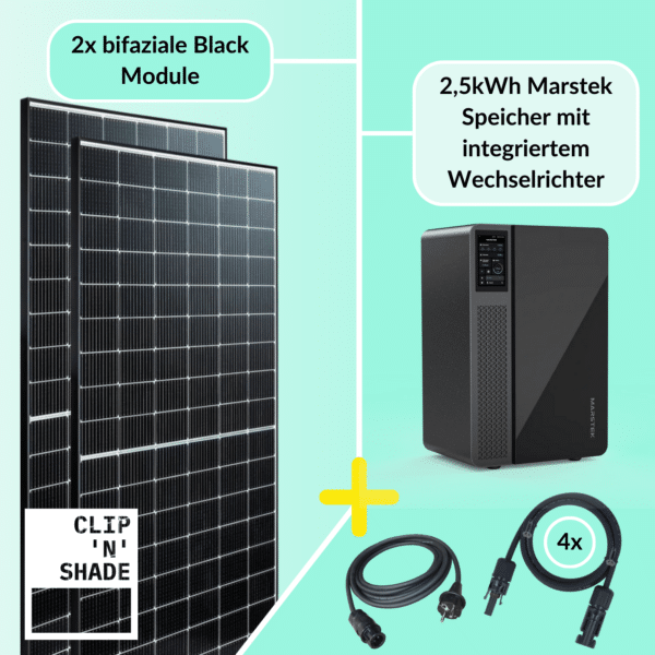 800W balkoncentrale complete set bestaande uit 2x PV-modules en Marstek opslagsysteem met geïntegreerde 800W omvormer.