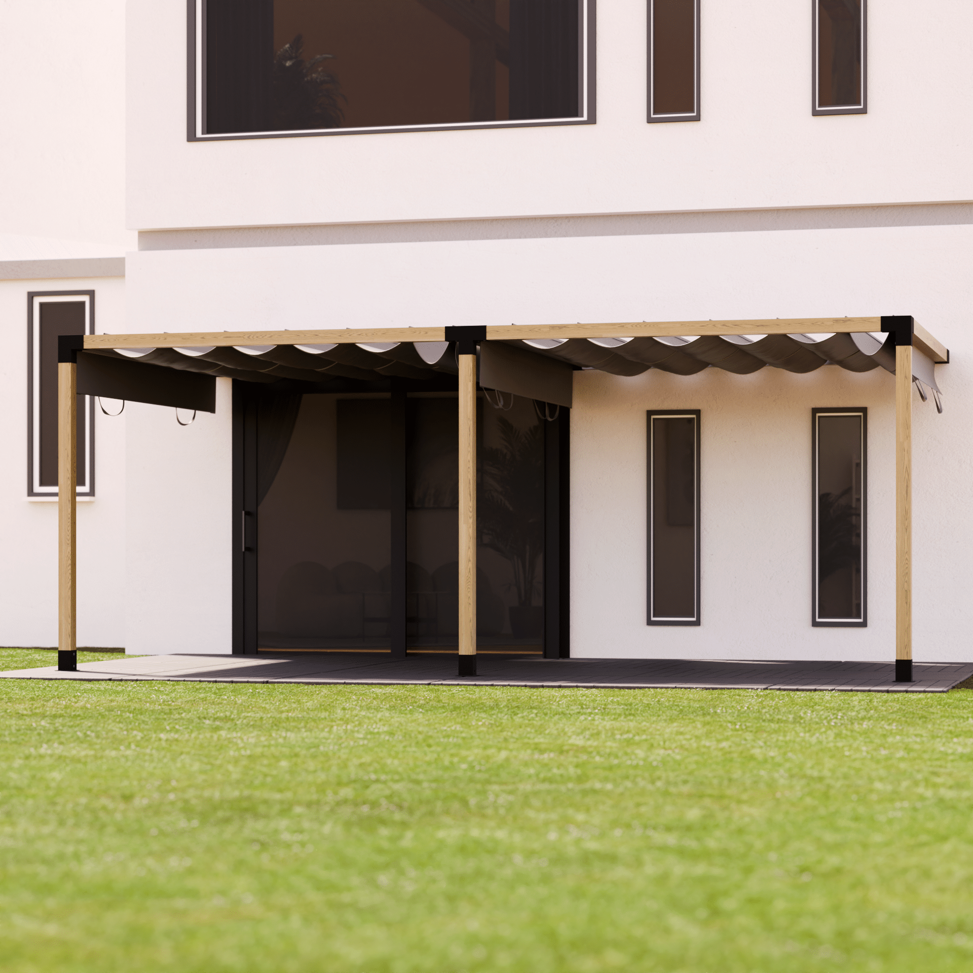 Dubbele pergola terrasoverkapping met muurbevestiging en schuifdak 5