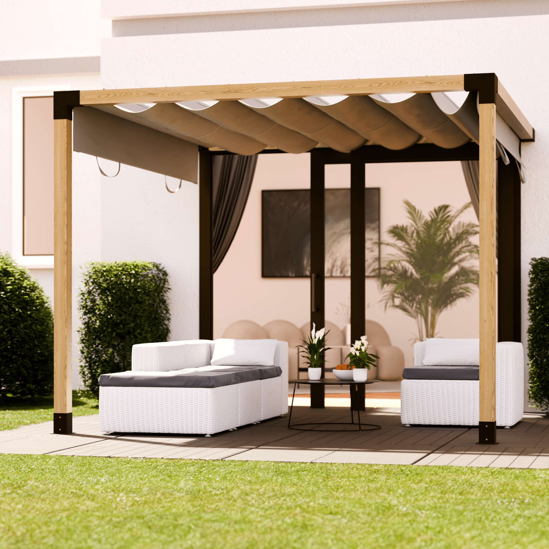 Pergola terrasoverkapping met muurbevestiging en schuifdak 2