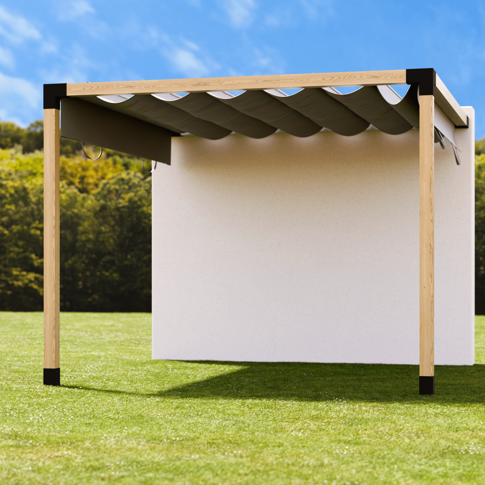 Pergola terrasoverkapping met muurbevestiging en schuifdak van stof